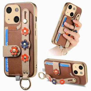 For iPhone 15 Stereoscopic Flowers Wristband Card Bag Phone Case(Brown)
