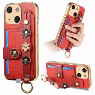 For iPhone 15 Stereoscopic Flowers Wristband Card Bag Phone Case(Red)