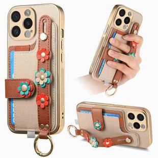 For iPhone 15 Pro Stereoscopic Flowers Wristband Card Bag Phone Case(Khaki)