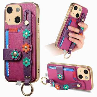 For iPhone 15 Plus Stereoscopic Flowers Wristband Card Bag Phone Case(Purple)