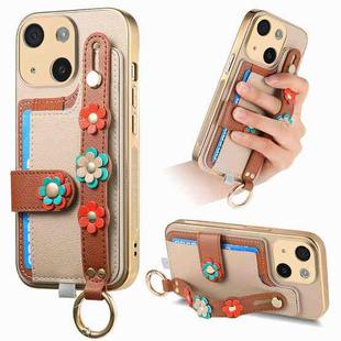 For iPhone 15 Plus Stereoscopic Flowers Wristband Card Bag Phone Case(Khaki)