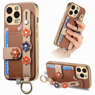 For iPhone 15 Pro Max Stereoscopic Flowers Wristband Card Bag Phone Case(Brown)