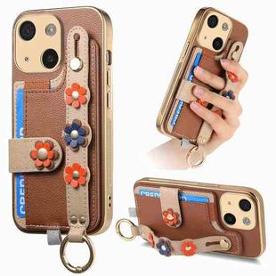 For iPhone 14 Stereoscopic Flowers Wristband Card Bag Phone Case(Brown)