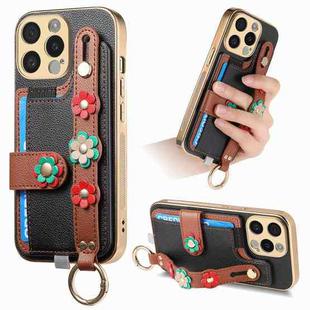 For iPhone 14 Pro Stereoscopic Flowers Wristband Card Bag Phone Case(Black)