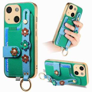 For iPhone 13 Stereoscopic Flowers Wristband Card Bag Phone Case(Green)