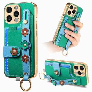 For iPhone 13 Pro Stereoscopic Flowers Wristband Card Bag Phone Case(Green)