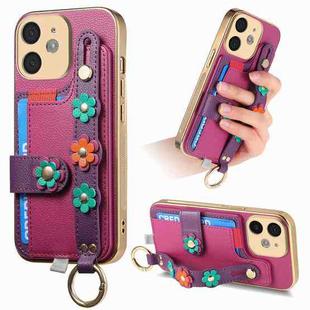 For iPhone 11 Stereoscopic Flowers Wristband Card Bag Phone Case(Purple)