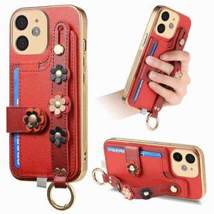 For iPhone 11 Stereoscopic Flowers Wristband Card Bag Phone Case(Red)