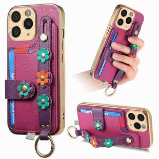 For iPhone 11 Pro Stereoscopic Flowers Wristband Card Bag Phone Case(Purple)