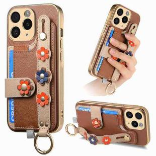 For iPhone 11 Pro Stereoscopic Flowers Wristband Card Bag Phone Case(Brown)