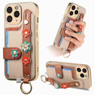 For iPhone 11 Pro Max Stereoscopic Flowers Wristband Card Bag Phone Case(Khaki)