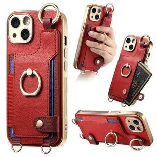 For iPhone 15 Plus Fashion Ring Card Bag Phone Case with Hang Loop(Red)