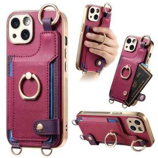 For iPhone 14 Plus Fashion Ring Card Bag Phone Case with Hang Loop(Purple)