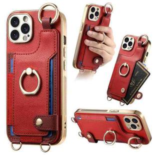 For iPhone 13 Pro Max Fashion Ring Card Bag Phone Case with Hang Loop(Red)