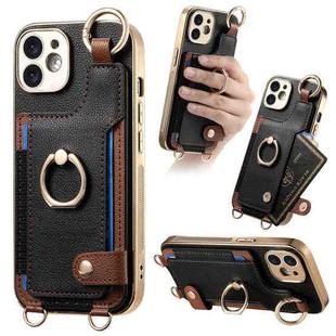 For iPhone 11 Fashion Ring Card Bag Phone Case with Hang Loop(Black)