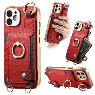 For iPhone 11 Fashion Ring Card Bag Phone Case with Hang Loop(Red)