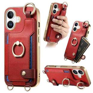 For iPhone 16 Fashion Ring Card Bag Phone Case with Hang Loop(Red)