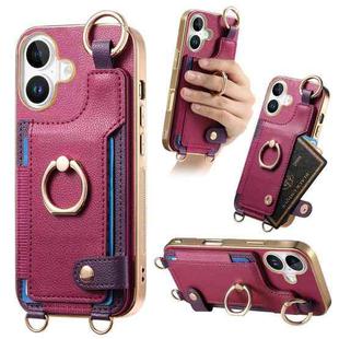 For iPhone 16 Fashion Ring Card Bag Phone Case with Hang Loop(Purple)