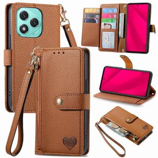 For Honor 400 Lite Love Zipper Lanyard Leather Phone Case(Brown)