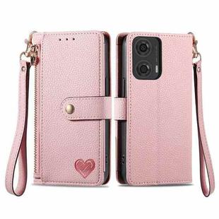 For Motorola Moto G24 Love Zipper Lanyard Leather Phone Case(Pink)