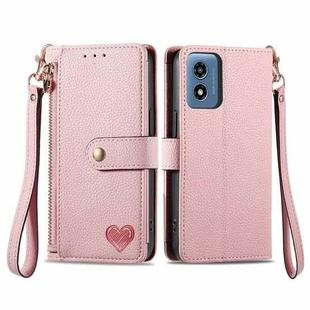 For Motorola Moto G Play 2024 Love Zipper Lanyard Leather Phone Case(Pink)