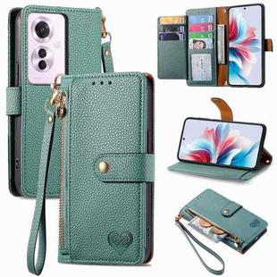 For OPPO Reno11 F 5G Love Zipper Lanyard Leather Phone Case(Green)