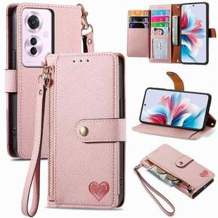 For OPPO Reno11 F 5G Love Zipper Lanyard Leather Phone Case(Pink)