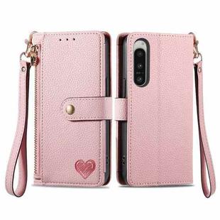 For Sony Xperia 5 IV Love Zipper Lanyard Leather Phone Case(Pink)
