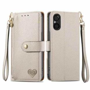For Sony Xperia 5 V Love Zipper Lanyard Leather Phone Case(Gray)