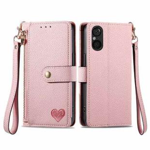 For Sony Xperia 5 V Love Zipper Lanyard Leather Phone Case(Pink)