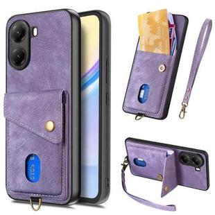 For Xiaomi Poco X7 Pro Retro Card Wallet Fold Leather Phone Case with Strap(Purple)