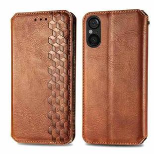 For Sony Xperia 5 V Cubic Grid Pressed Magnetic Leather Phone Case(Brown)