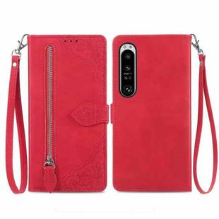 For Sony Xperia 1 IV Embossed Flower Zipper Leather Phone Case(Red)