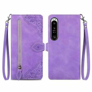 For Sony Xperia 1 IV Embossed Flower Zipper Leather Phone Case(Purple)