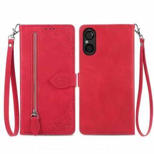 For Sony Xperia 5 V Embossed Flower Zipper Leather Phone Case(Red)