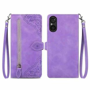 For Sony Xperia 5 V Embossed Flower Zipper Leather Phone Case(Purple)