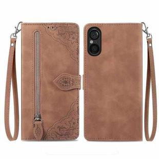 For Sony Xperia 5 V Embossed Flower Zipper Leather Phone Case(Brown)
