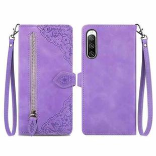 For Sony Xperia 10 IV Embossed Flower Zipper Leather Phone Case(Purple)