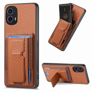 For Motorola Moto G 5G 2024 4G Carbon Fiber Fold Stand Elastic Card Bag Phone Case(Brown)