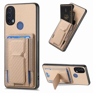 For Motorola Moto E40 Carbon Fiber Fold Stand Elastic Card Bag Phone Case(Khaki)