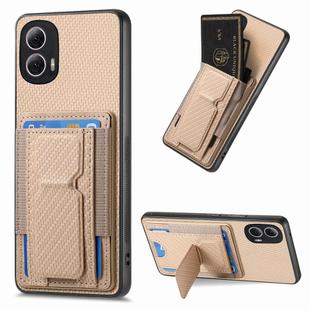 For Motorola Moto G Power 5G 2024 Carbon Fiber Fold Stand Elastic Card Bag Phone Case(Khaki)