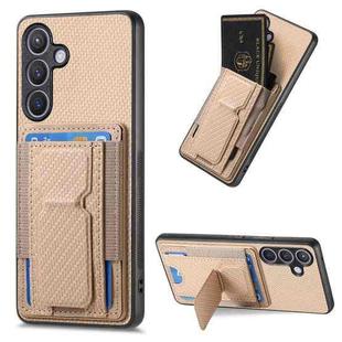 For Samsung Galaxy S23 5G Carbon Fiber Fold Stand Elastic Card Bag Phone Case(Khaki)