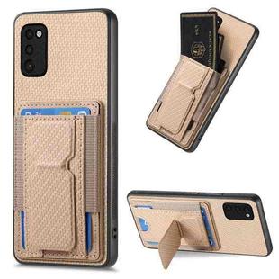For Samsung Galaxy A41 Carbon Fiber Fold Stand Elastic Card Bag Phone Case(Khaki)