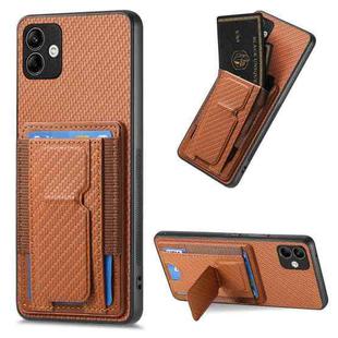 For Samsung Galaxy A22 5G Carbon Fiber Fold Stand Elastic Card Bag Phone Case(Brown)