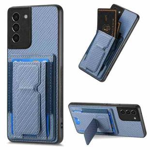 For Samsung Galaxy S21 5G Carbon Fiber Fold Stand Elastic Card Bag Phone Case(Blue)