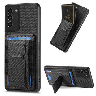 For Samsung Galaxy S21 5G Carbon Fiber Fold Stand Elastic Card Bag Phone Case(Black)