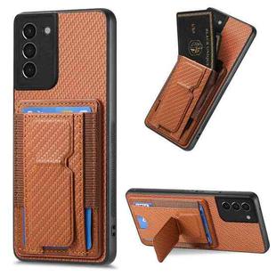 For Samsung Galaxy S21 5G Carbon Fiber Fold Stand Elastic Card Bag Phone Case(Brown)