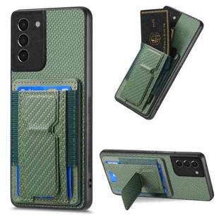 For Samsung Galaxy S21 5G Carbon Fiber Fold Stand Elastic Card Bag Phone Case(Green)