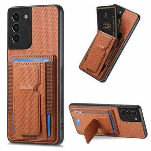 For Samsung Galaxy S21+ 5G Carbon Fiber Fold Stand Elastic Card Bag Phone Case(Brown)