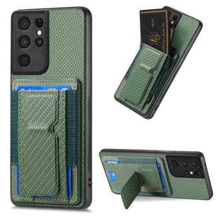 For Samsung Galaxy S21 Ultra 5G Carbon Fiber Fold Stand Elastic Card Bag Phone Case(Green)